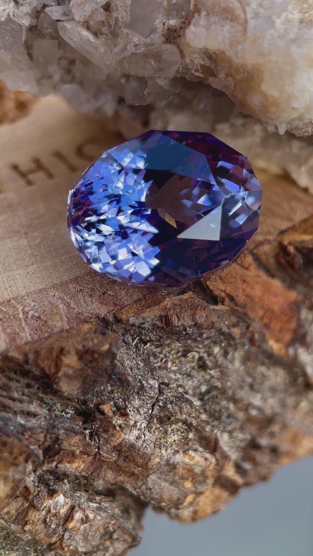 Detailed video of a 9.31-carat custom mix cut tanzanite gemstone, highlighting its exceptional color and craftsmanship.