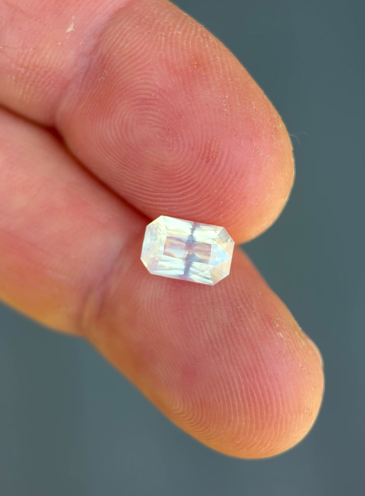 2.10CT Sapphire: Opalescent Silver Peach White Custom Elongated Radiant Cut