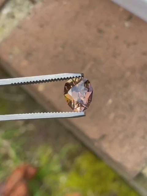 Video showcasing a 2.43 carat Tanzanite gemstone from Merelani Hills, Tanzania, rotating to highlight its custom geometric pear shape and the interplay of brown and champagne colors. The video captures the gemstone's exquisite cut and natural allure.