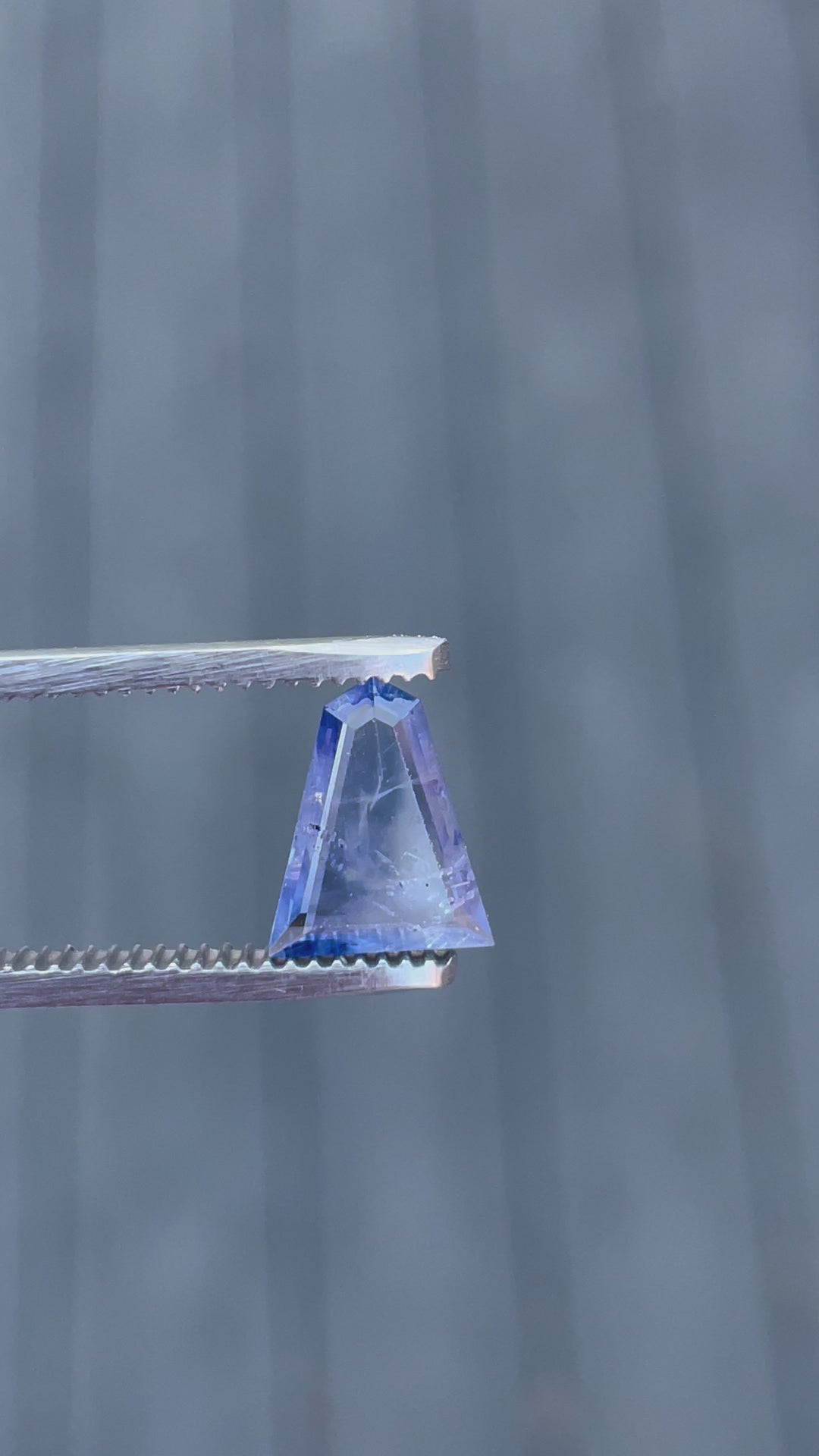 Interactive video presenting the unique geometric portrait cut of a 1.62 carat sapphire, focusing on its exquisite color blend and precision facets, set against a natural backdrop to enhance its visual appeal.