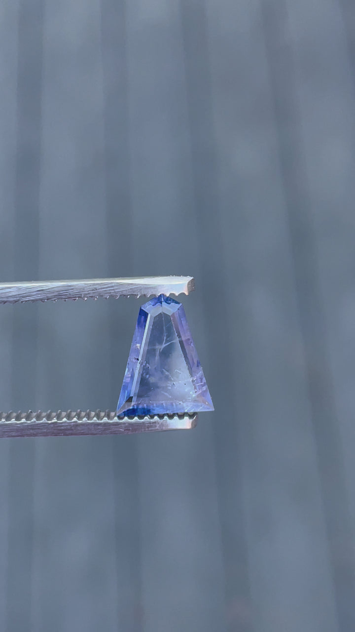 Interactive video presenting the unique geometric portrait cut of a 1.62 carat sapphire, focusing on its exquisite color blend and precision facets, set against a natural backdrop to enhance its visual appeal.