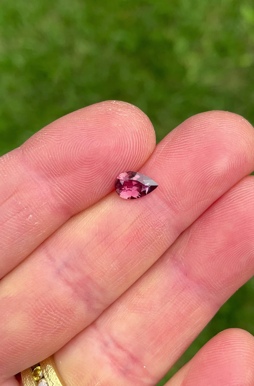 Close-up video of a 0.88ct untreated blush and red sapphire, showcasing lively internal reflections and the modified pear shape against a green background.