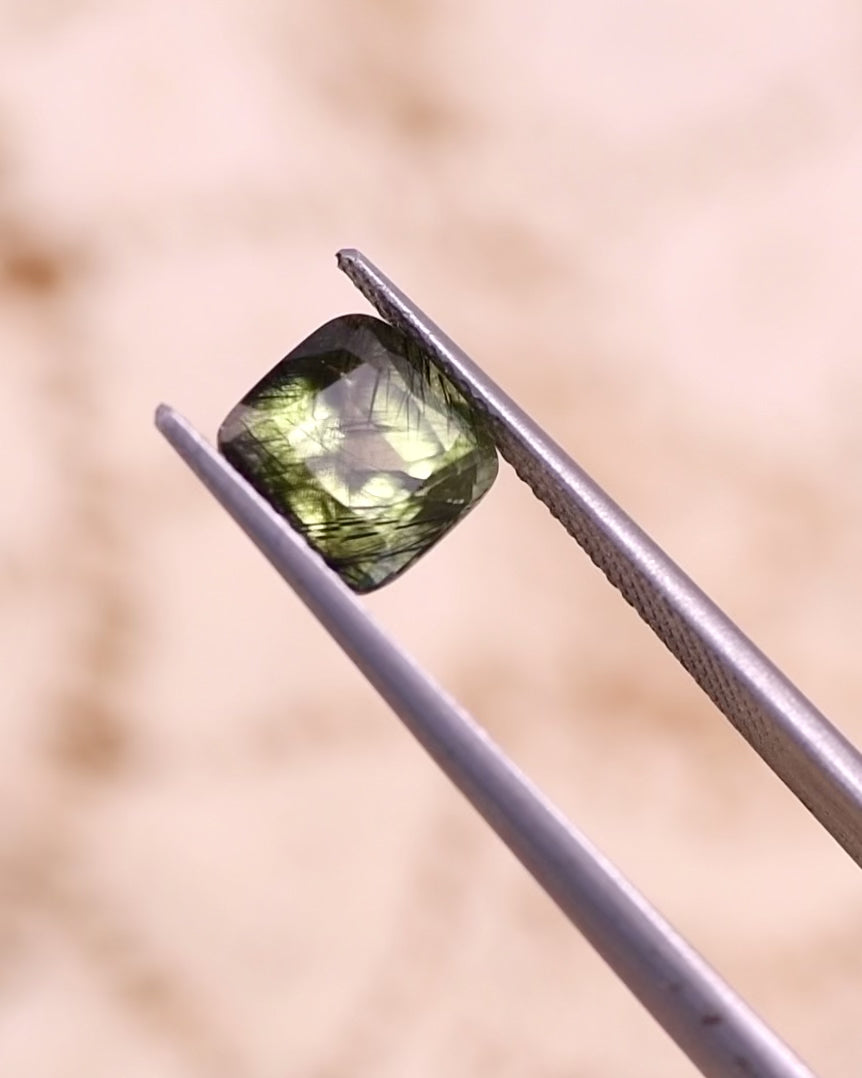 2.83CT Peridot: Green Black Cushion Mix Cut