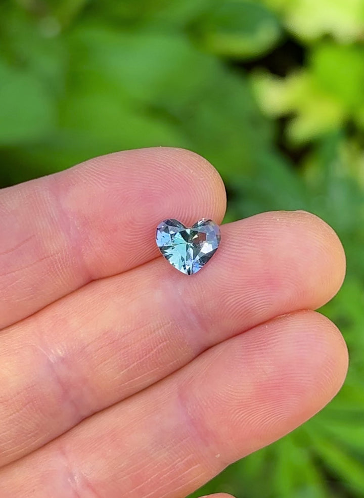 Rotating view of a 2.20ct untreated heart-cut Tanzanite showing color play from teal to lavender under natural light