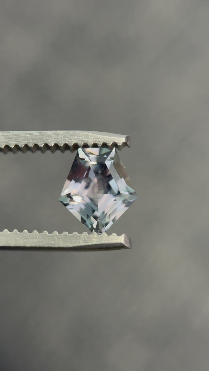 360-degree video of 1.50 carat color-change sapphire from Montana in shield step cut, shifting from teal to purple