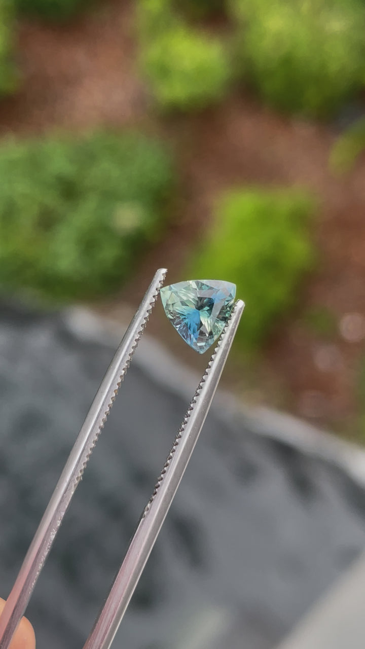 etailed video of a trillion brilliant mixed cut sapphire weighing 1.17 carats. Originating from Madagascar, this bi-color gem features blue-green and yellow tones, untreated to preserve its natural beauty, shown in rotating angles to highlight its brilliance.