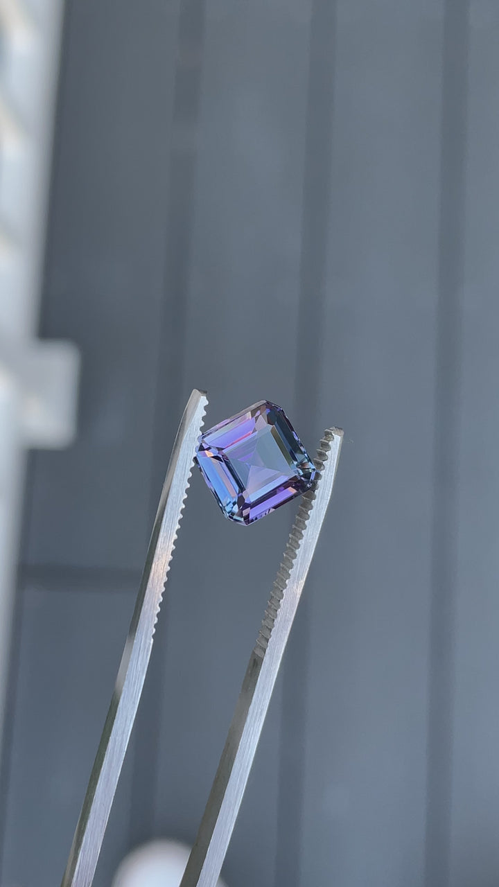 Video showcasing full rotation of a 3.51-carat Tanzanite with step cut Asscher facets and mermaid 