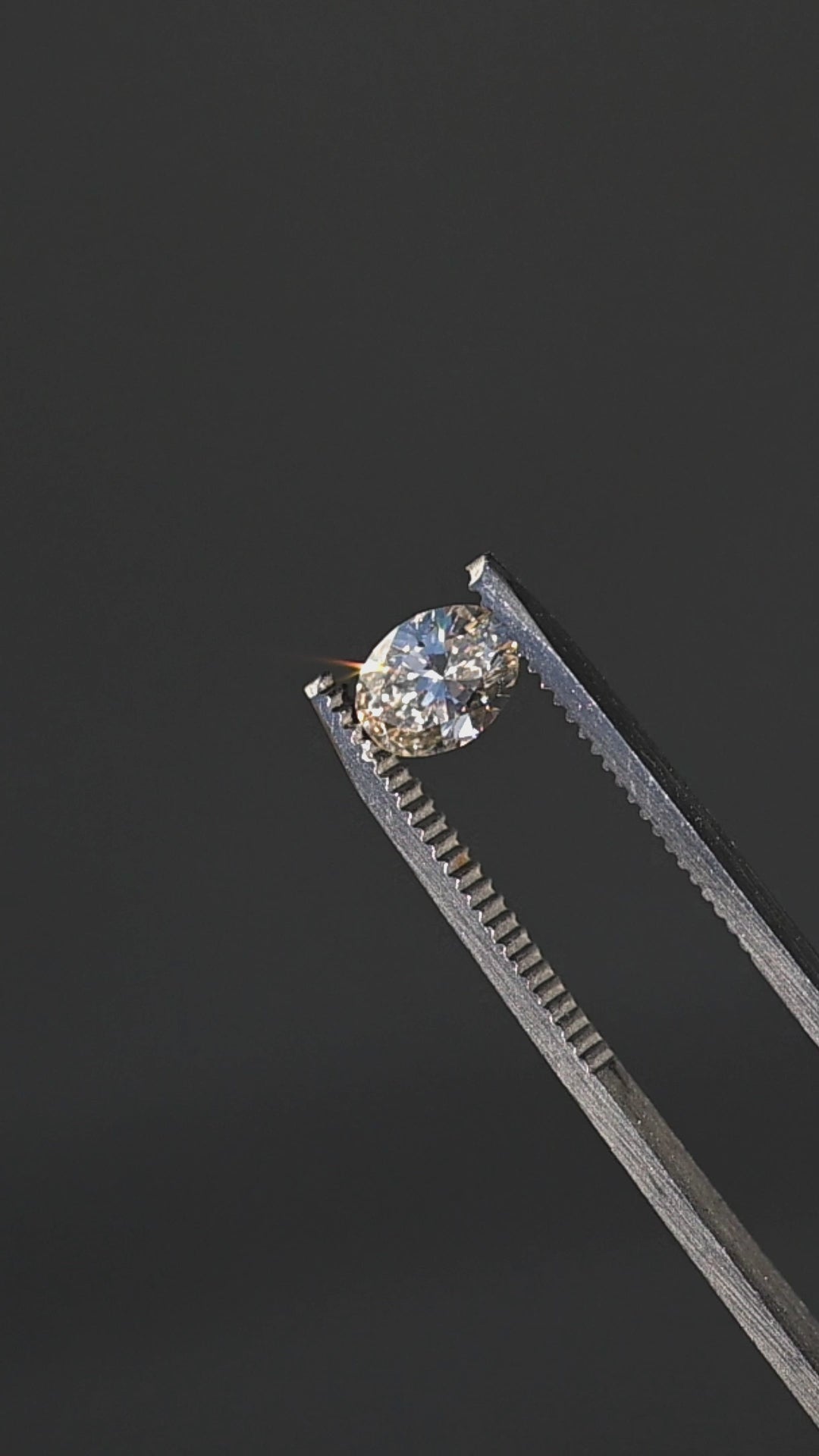 1.02ct natural champagne oval brilliant cut diamond from Canada rotating in gem tweezers under direct sunlight showing off color and sparkle.