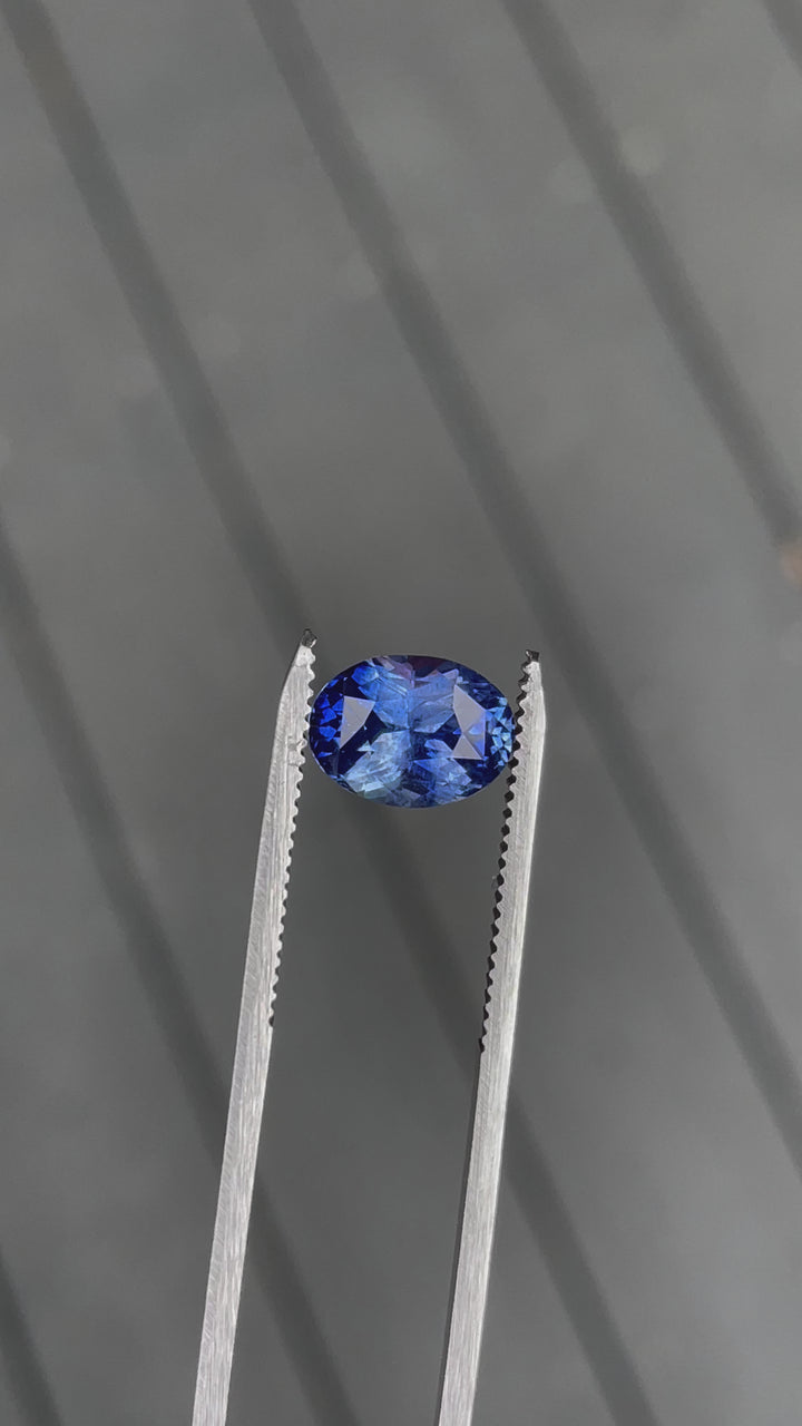 A rotating 4.51ct cornflower blue sapphire from Sri Lanka, revealing its exceptional brilliance and deep blue hues under natural lighting.