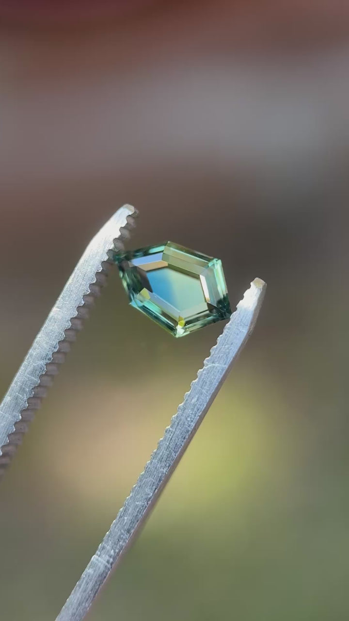 1.13CT Sapphire: Yellow Teal Blue Green Parti Precision Shield Portrait Cut