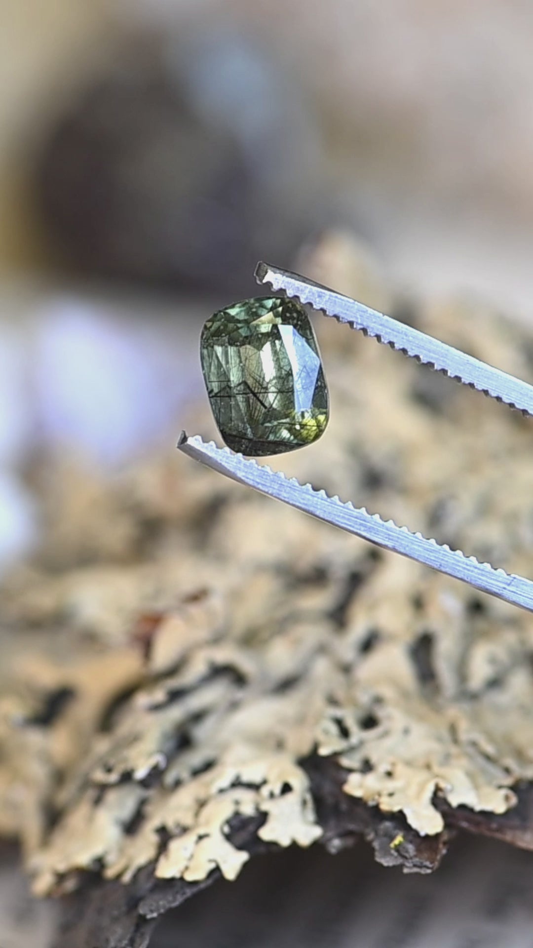Watch this untreated 2.72 carat peridot from Skardu, Pakistan rotate in natural light, revealing its soft ombre green color, cushion mix cut, and delicate natural needle inclusions.