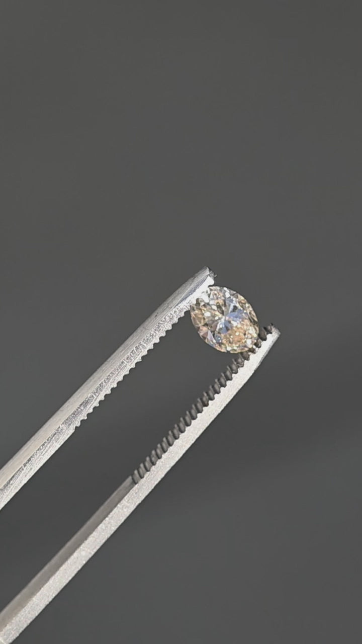 1.01ct champagne c3 oval brilliant cut diamond rotating in gem tweezers under natural direct sunlight showing off natural color and brilliant sparkle.