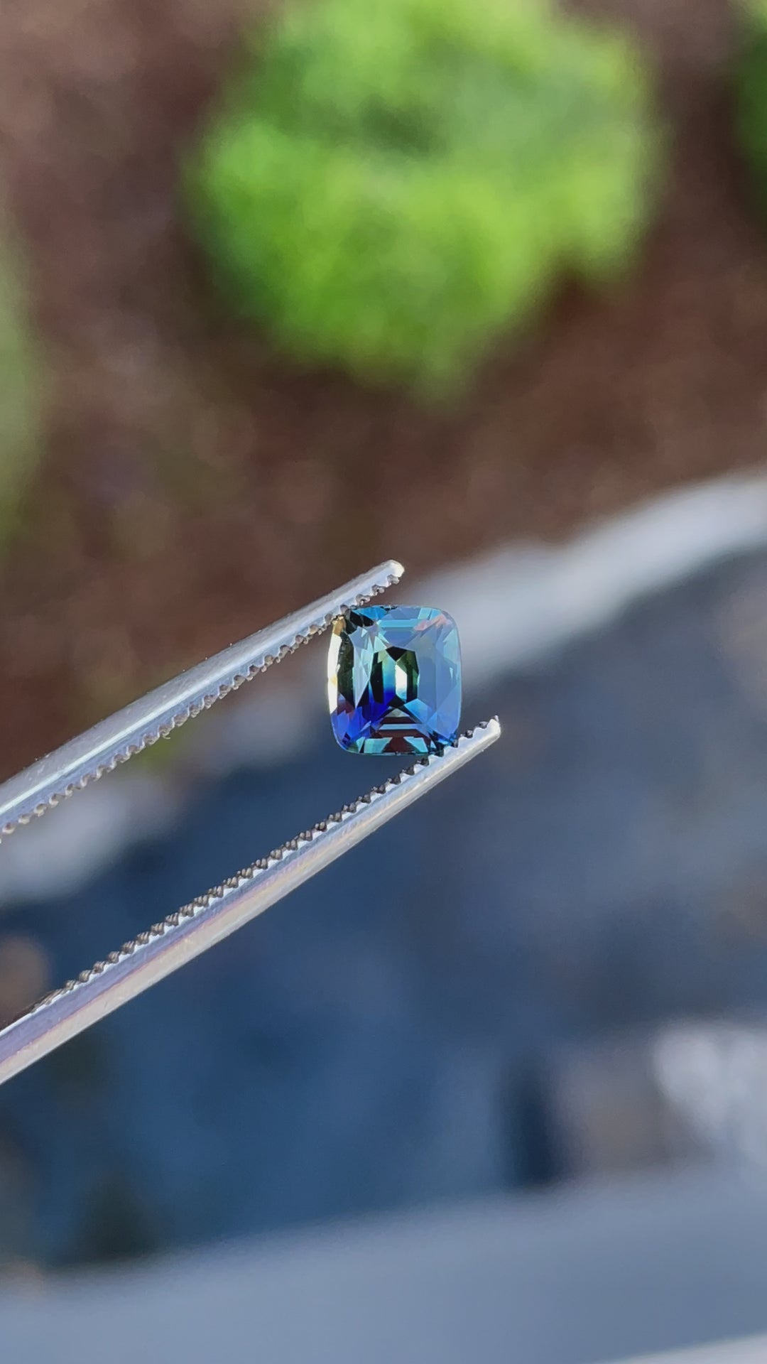 A mesmerizing 1.02-carat cushion-cut bi-color sapphire from Madagascar, shifting between vibrant blue and yellow hues under natural lighting.