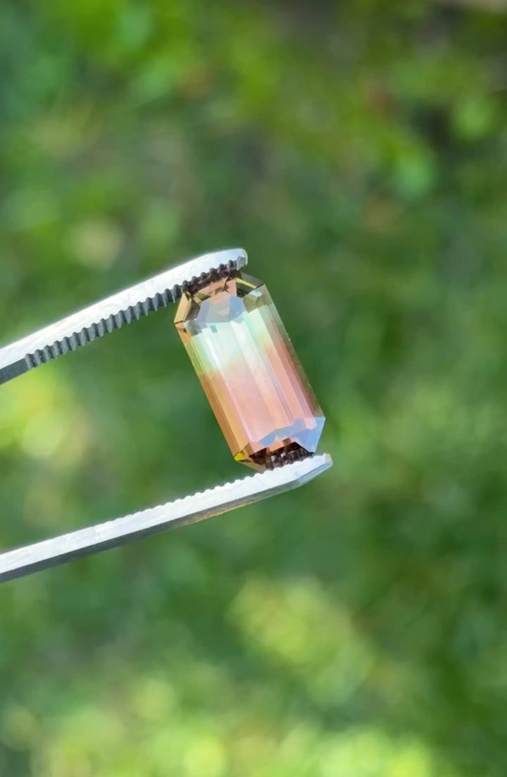 7.65CT Tourmaline: Bi Color Greenish Peach Orangish Pink Precision Elongated Emerald Cut