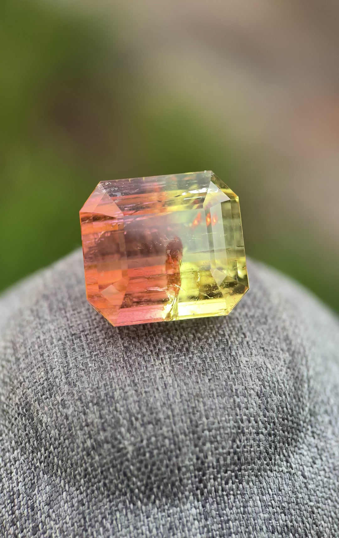 43.06 carat Mozambique tourmaline close up showing emerald step cut facets and natural multi color zoning in yellow green orange pink tones