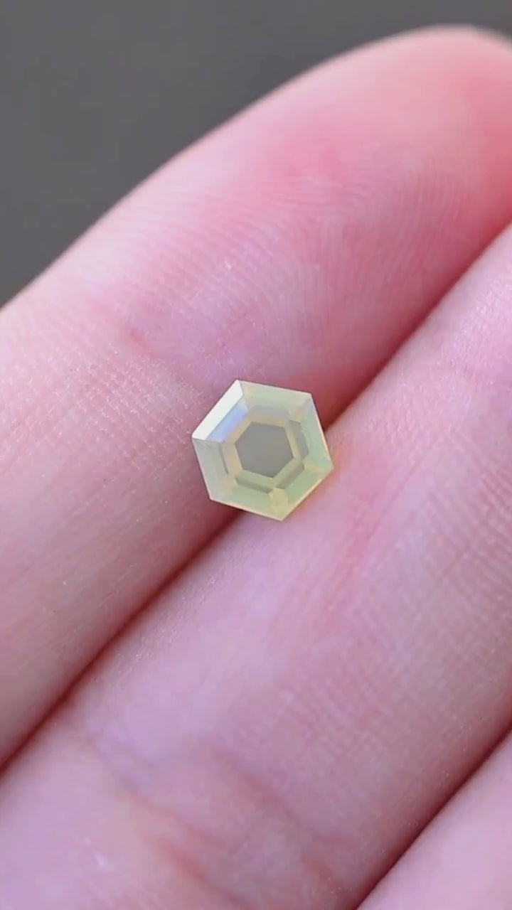 1.23CT Sapphire: Opalescent Yellow Green Precision Hexagonal Tablet Cut