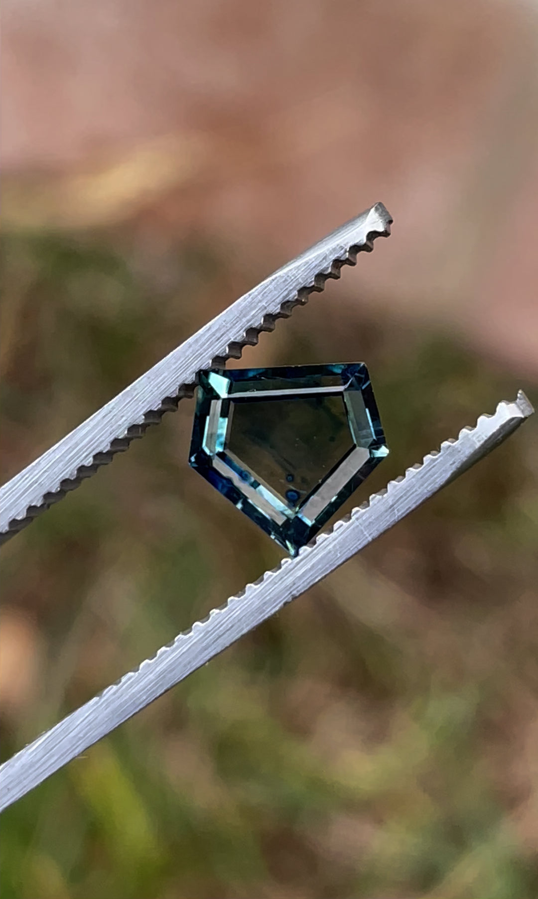 A video showcasing a 1.70-carat custom step cut shield sapphire held in tweezers, highlighting its vivid parti-colors of blue, green, and yellow as the gemstone catches the natural light.