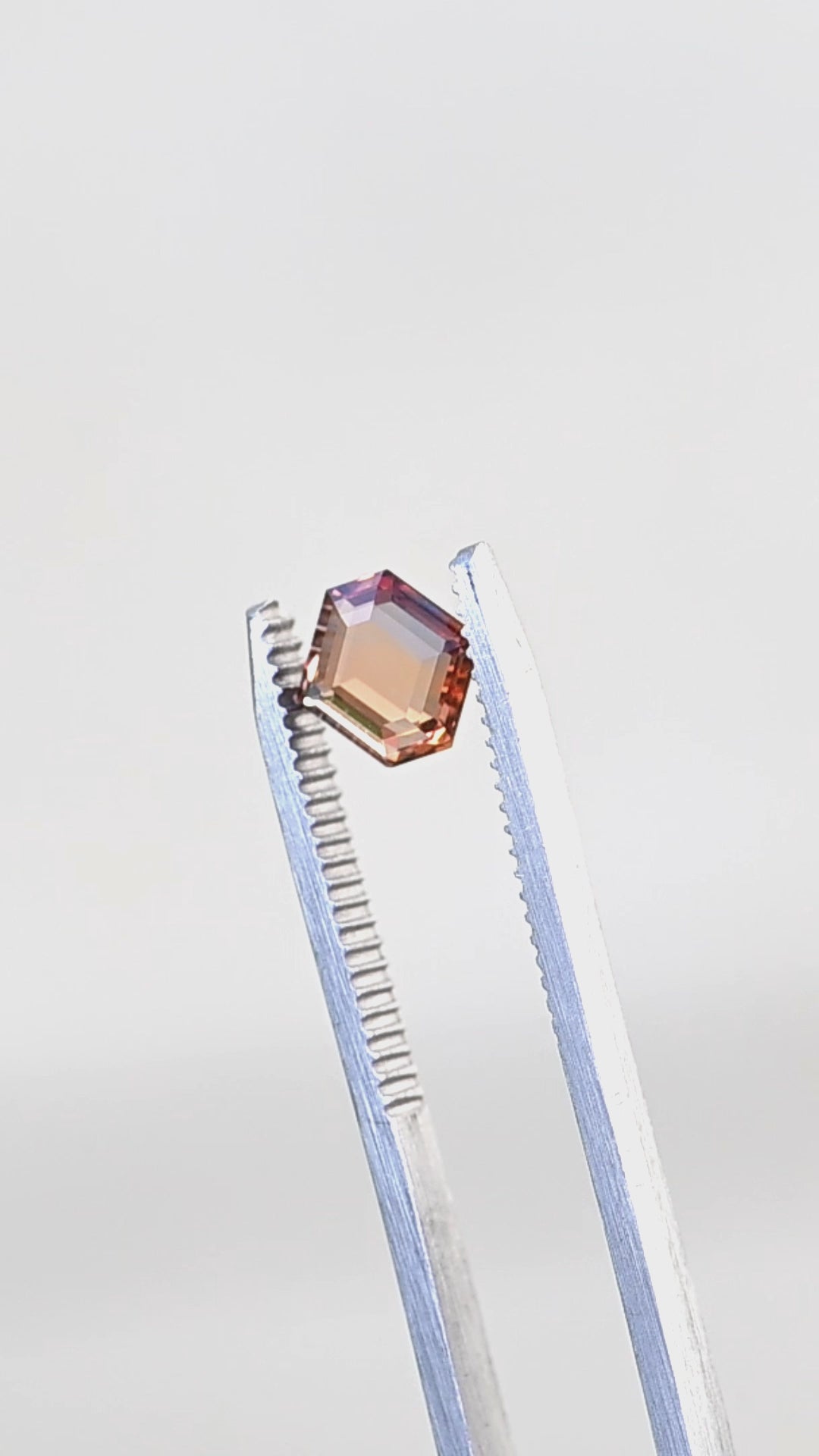 Natural orange gray parti portrait cut sapphire rotating in gem tweezers under natural light.