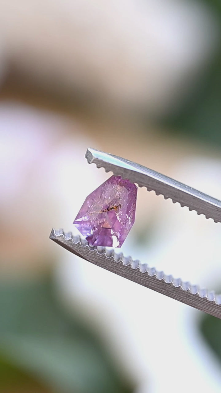 Watch this untreated 1.01 carat sapphire from Rio Mayo, Mercaderes, Colombia rotate in natural light, revealing its soft rose pink color, custom shield mix cut, and distinctive natural crystal inclusions.
