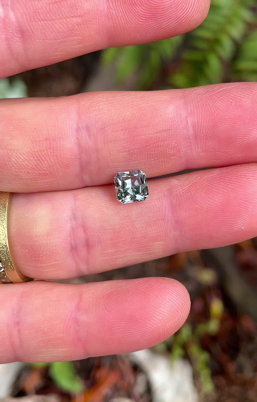 Handheld video of a 1.58ct sapphire from Montana, capturing the sparkle and color shifts of its steely sage grey green custom cut under daylight.