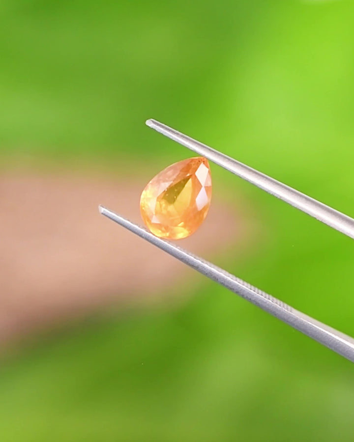 Video of 1.59CT orange red-orange yellow sapphire rotating in gemstone tweezers, showing shifting fiery hues and the intricate brilliance of the modified pear cut, unheated sapphire from Umba River, Tanzania.