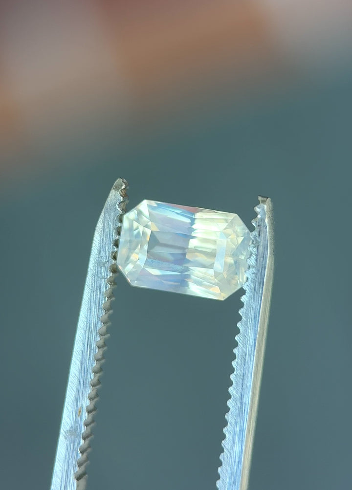 2.10CT Sapphire: Opalescent Silver Peach White Custom Elongated Radiant Cut