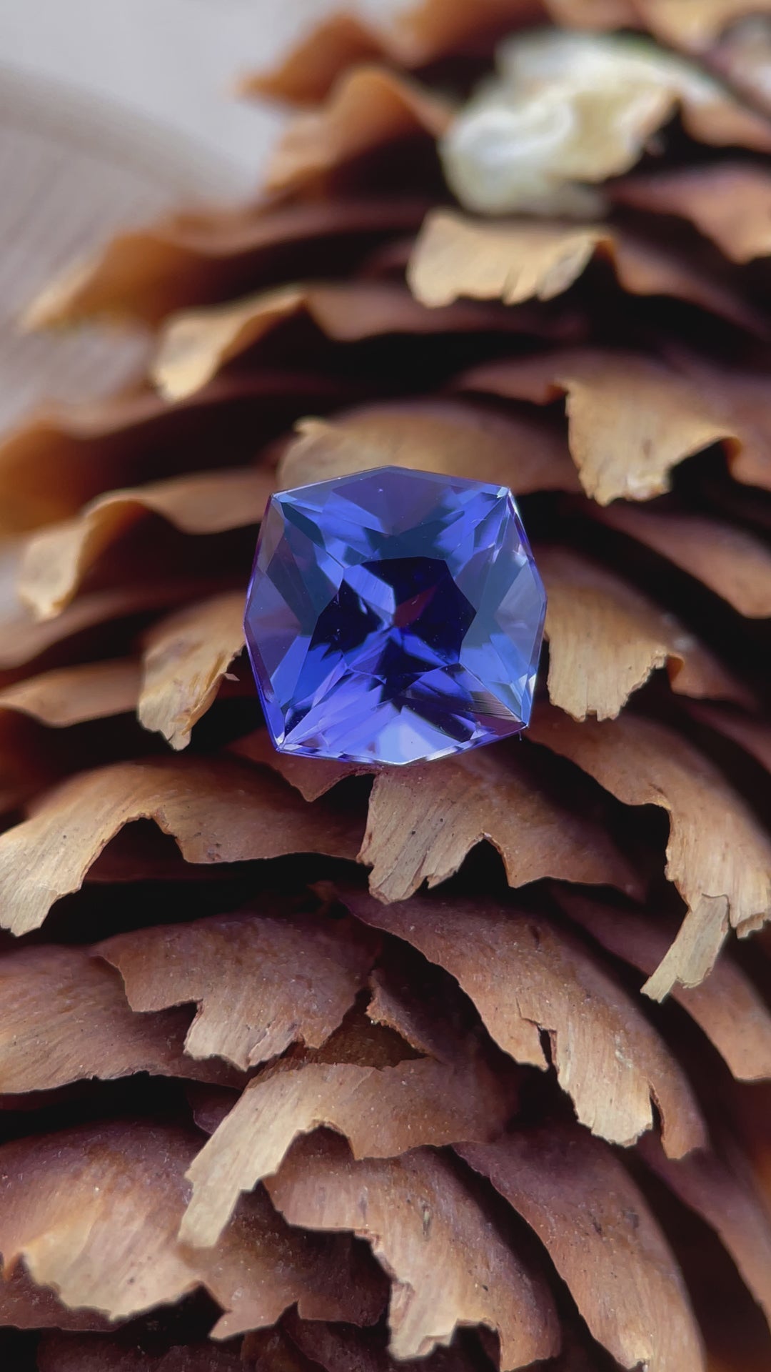 Video showcasing a 3.27-carat Tanzanite gemstone with ultra violet brilliance, a custom geometric cushion cut, and dimensions of 9.15 x 9.05 x 5.92 mm. Sourced from Merelani Hills, Tanzania.