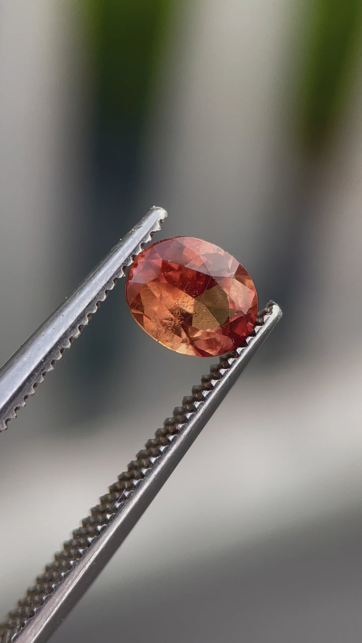 Video of a 0.95-carat brown-orange sapphire being rotated to showcase its modified brilliant oval cut and its rich brown and orange tones. The stone catches light, revealing its facets and internal brilliance.