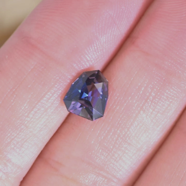 1.66 carat teal green blue purple Tanzanite shield modified brilliant rotating under natural light, precision custom faceted gemstone from Merelani Hills Tanzania showing vivid color shift and brilliance