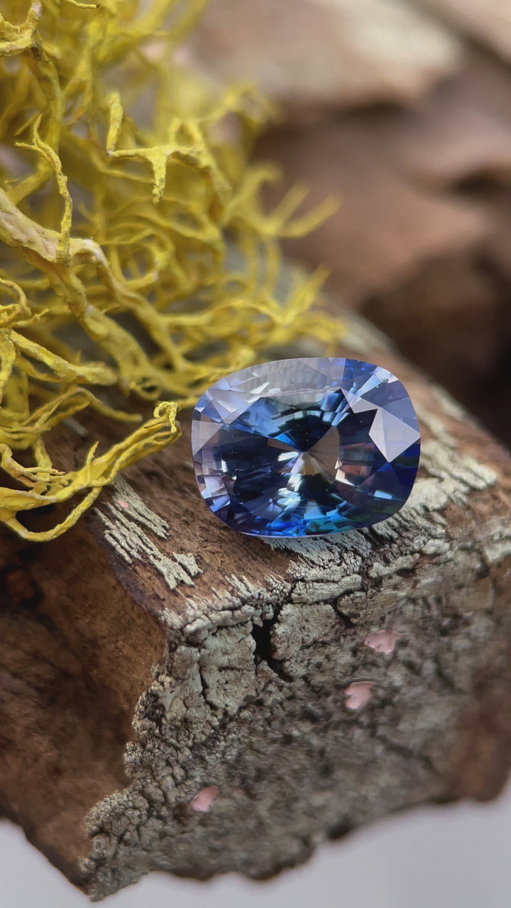 Video showcasing a bi-color sapphire with vibrant mauve and blue hues. Cushion cut, weighing 2.28 carats. Origin: Sri Lanka, heated for enhanced brilliance.