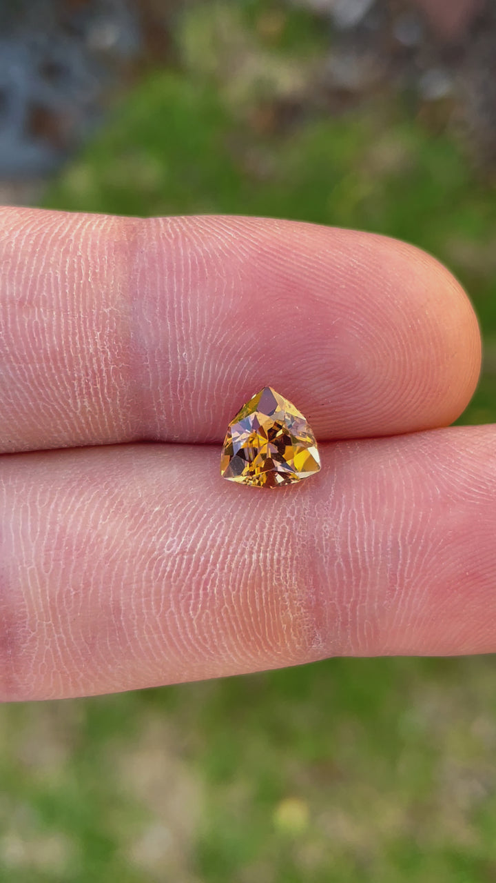 Video of a Custom Trilliant Cut Tanzanite Gemstone in Vivid Peach Orange Color, Weighing 2.01 Carats, with Dimensions 8.06 x 8.14 x 5.32 mm, Originating from Merelani Hills, Arusha Region, Tanzania - No Treatment