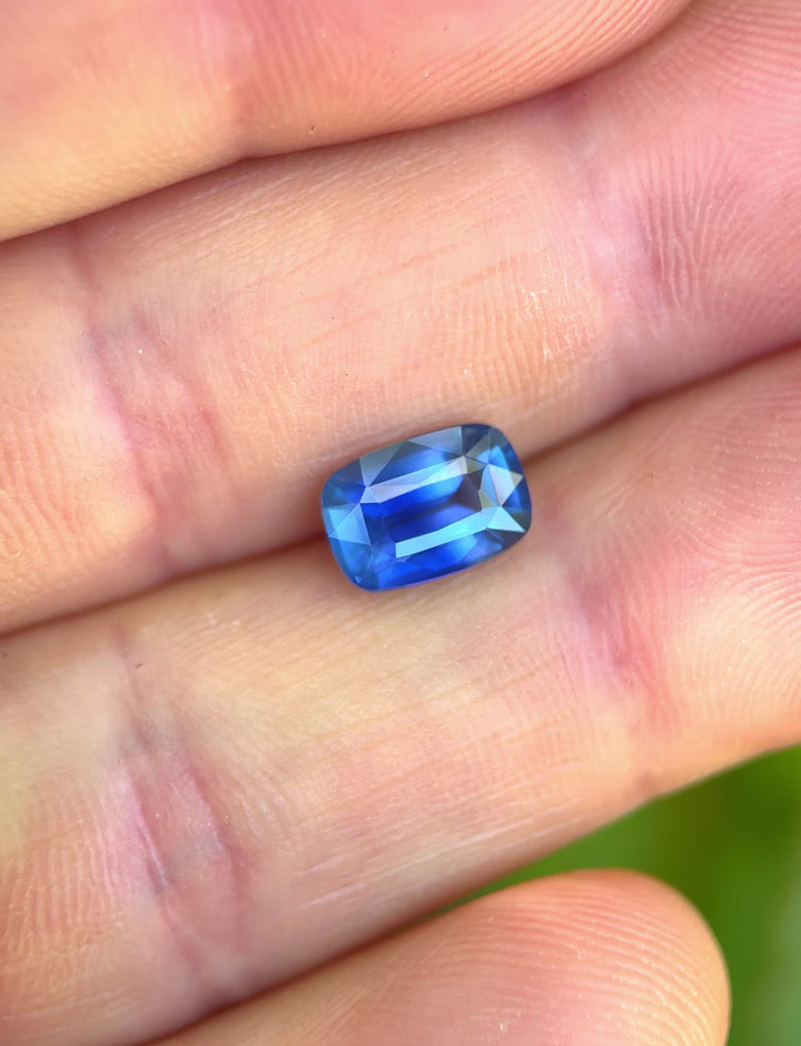 2.53ct opalescent cornflower royal blue sapphire rotating in hand, revealing shifting blue saturation and elongated cushion brilliance.