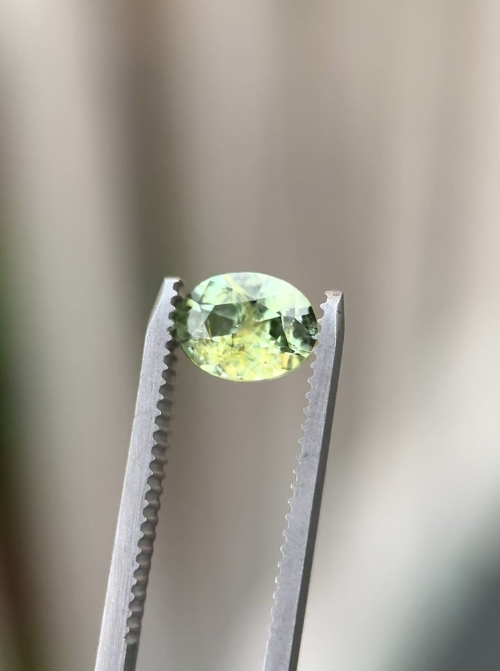 Video of an unheated Montana sapphire rotating in tweezers, showing earthy teal, green, and yellow hues, custom modified brilliant oval cut, and changing light performance across the facets.