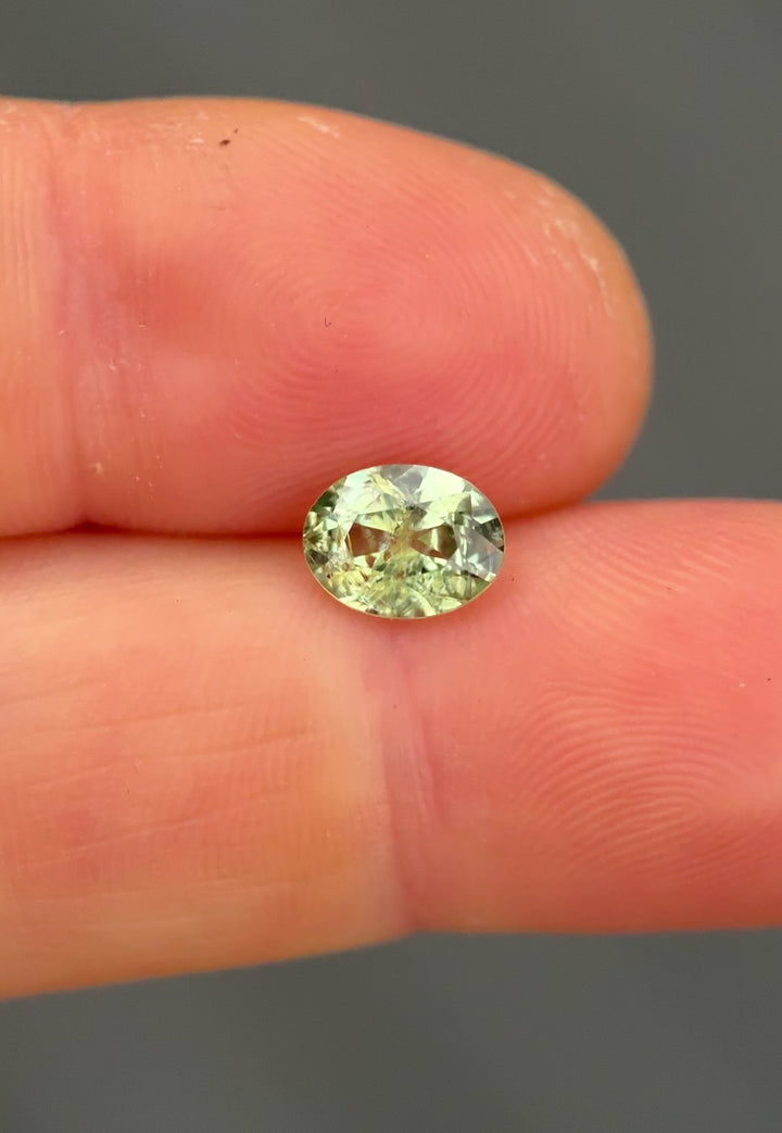 Close-up video of a natural Montana sapphire in motion under natural light, revealing earthy color tones, brilliant oval faceting, internal character, and untreated gemstone transparency.