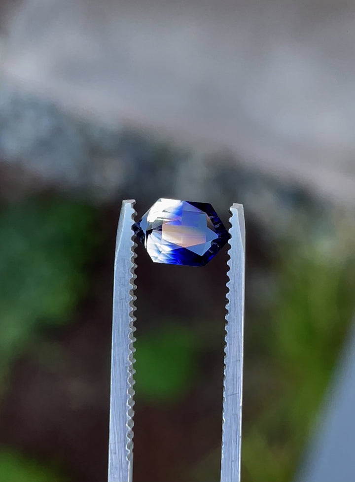 Video of 1.10-carat bi-color sapphire revealing its royal blue and faint yellow hues with hexagon cut in natural lighting.