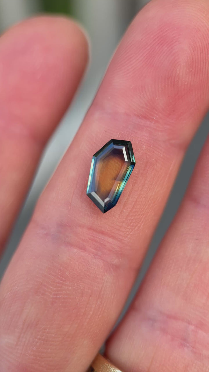 Elongated shield portrait cut sapphire in tweezers displaying natural color shifts and precision faceting.
