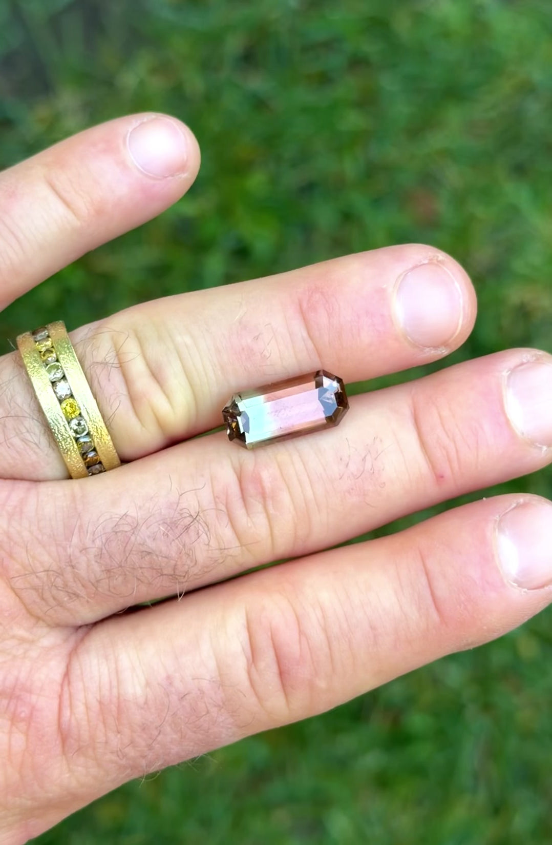 7.65CT Tourmaline: Bi Color Greenish Peach Orangish Pink Precision Elongated Emerald Cut