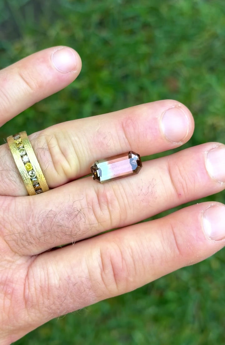 7.65CT Tourmaline: Bi Color Greenish Peach Orangish Pink Precision Elongated Emerald Cut