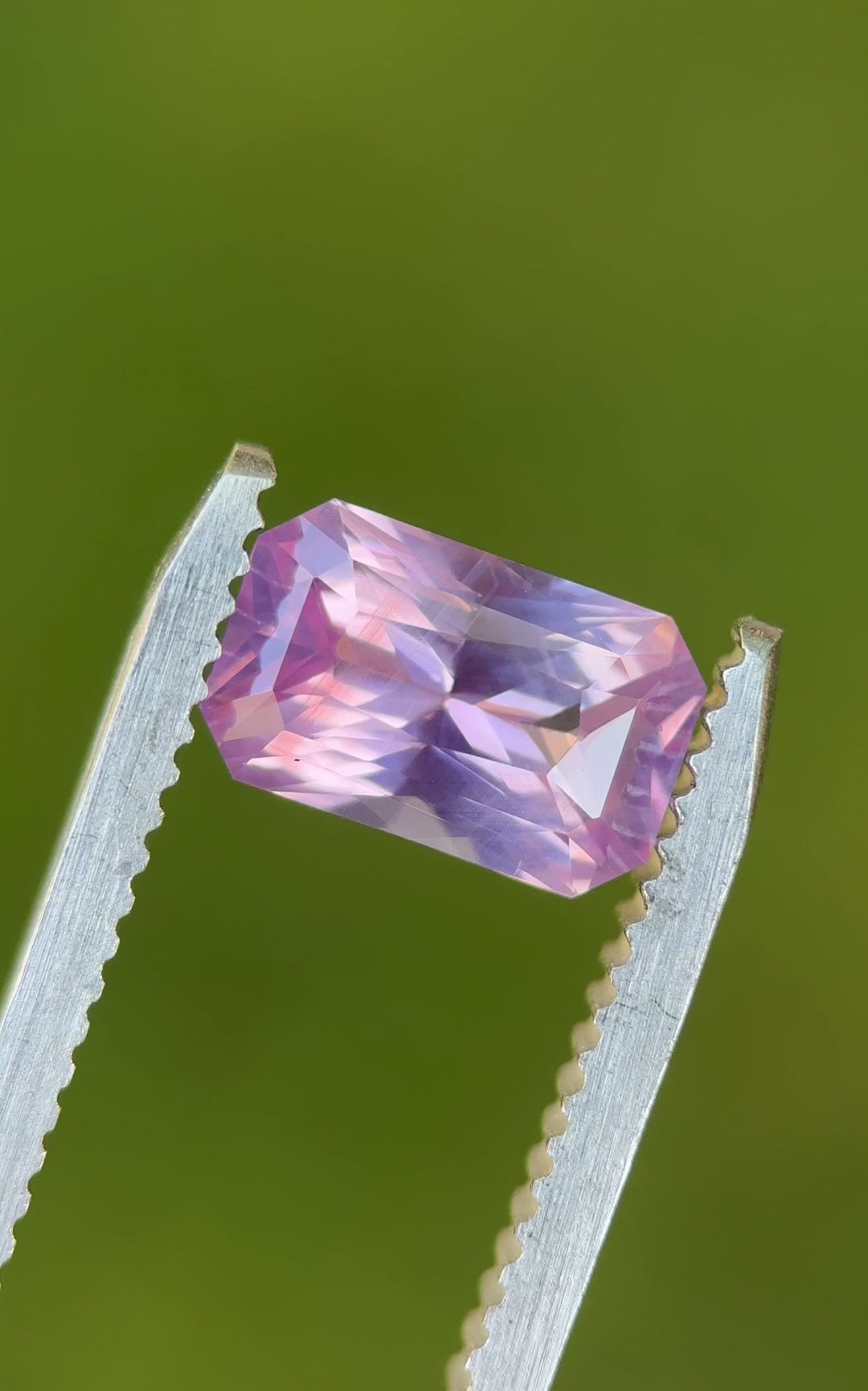 Rotating video of a 2.00 carat radiant cut sapphire with lavender, purple, and pink hues – untreated and sourced from Ratnapura, Sri Lanka