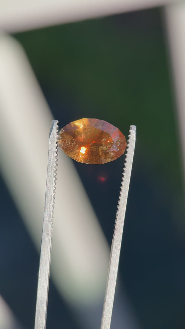 Color shift video of 3.45ct unheated sapphire, rotating under natural light to reveal pumpkin gold and earthy green tones