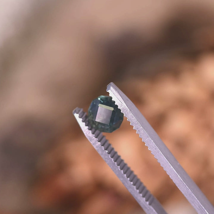 ideo of 1.32ct Montana sapphire in tweezers rotating under light, blue green teal geometric rounded cushion cut showing natural brilliance and facet reflections