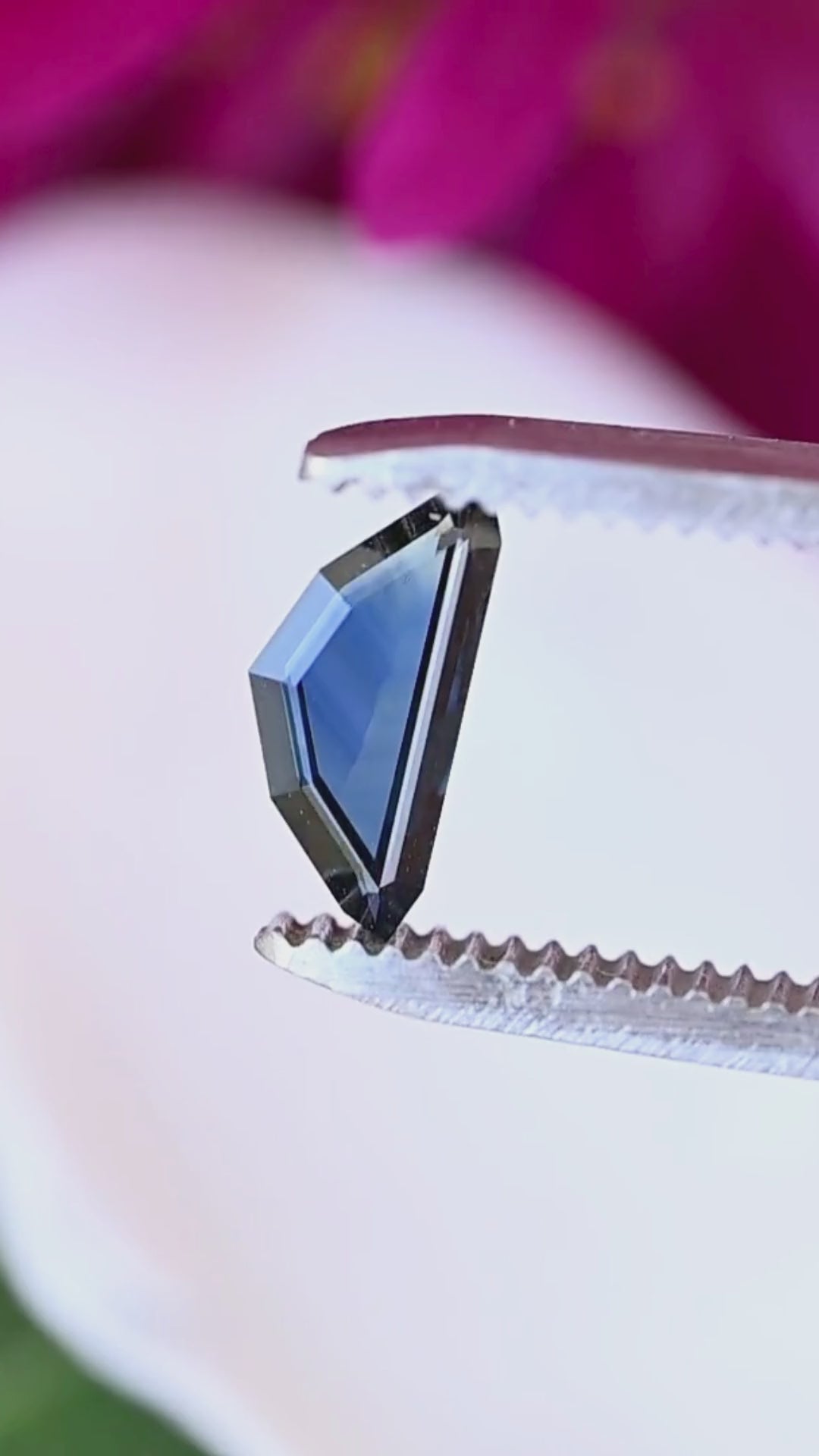 Explore the angular step facets, distinctive kite outline and contrasting blue tones of this untreated 0.99ct Australian sapphire in a close-up tweezer view.