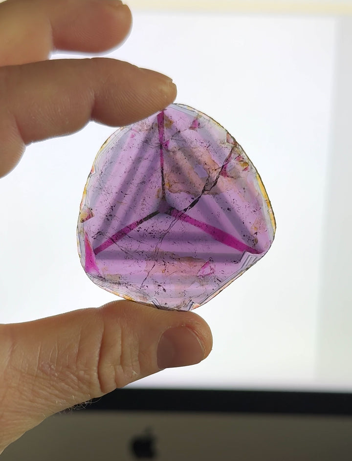 Macro video of 123.90CT matched liddicoatite tourmaline crystal pair in motion, highlighting vivid color transitions and clarity under backlight, untreated crystals mined in Madagascar.