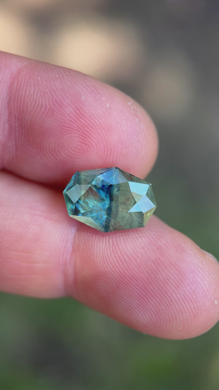 8.00CT Sapphire: Earthy Blue Green Parti Custom Octagonal Brilliant Cut
