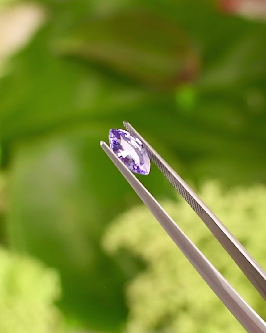 Close-up Video of 1.15CT lavender purple sapphire held in gemstone tweezers, showing the symmetry and brilliance of the precision marquise mixed cut under natural sunlight, unheated gem from Sakaraha, Madagascar.