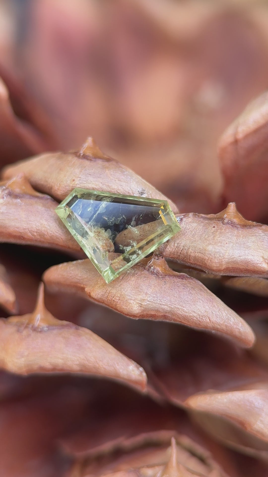 360-degree video of a heated 3.03-carat Montana sapphire, showing earthy green tones and elongated shield cut brilliance.