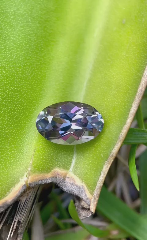 Interactive video of a 1.50 carat Tanzanite with a custom mix cut, showcasing its vibrant color transition from green to teal to purple. The video provides a detailed view of the gemstone's dimensions and its untreated, pristine condition from Merelani Hills.