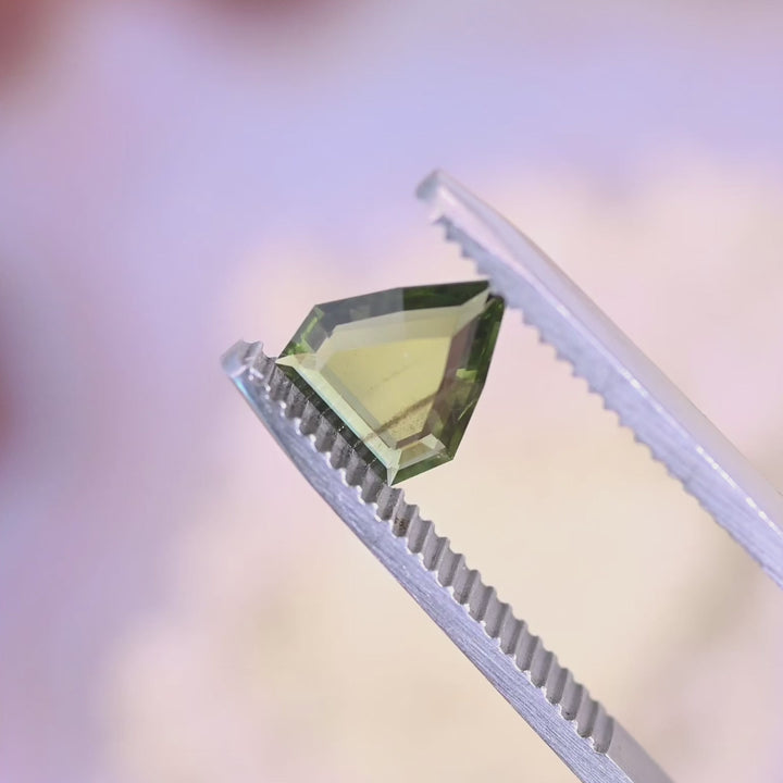 Loose olive green sapphire turning in tweezers, revealing the structured step facets and natural green tone from Gombe, Nigeria.