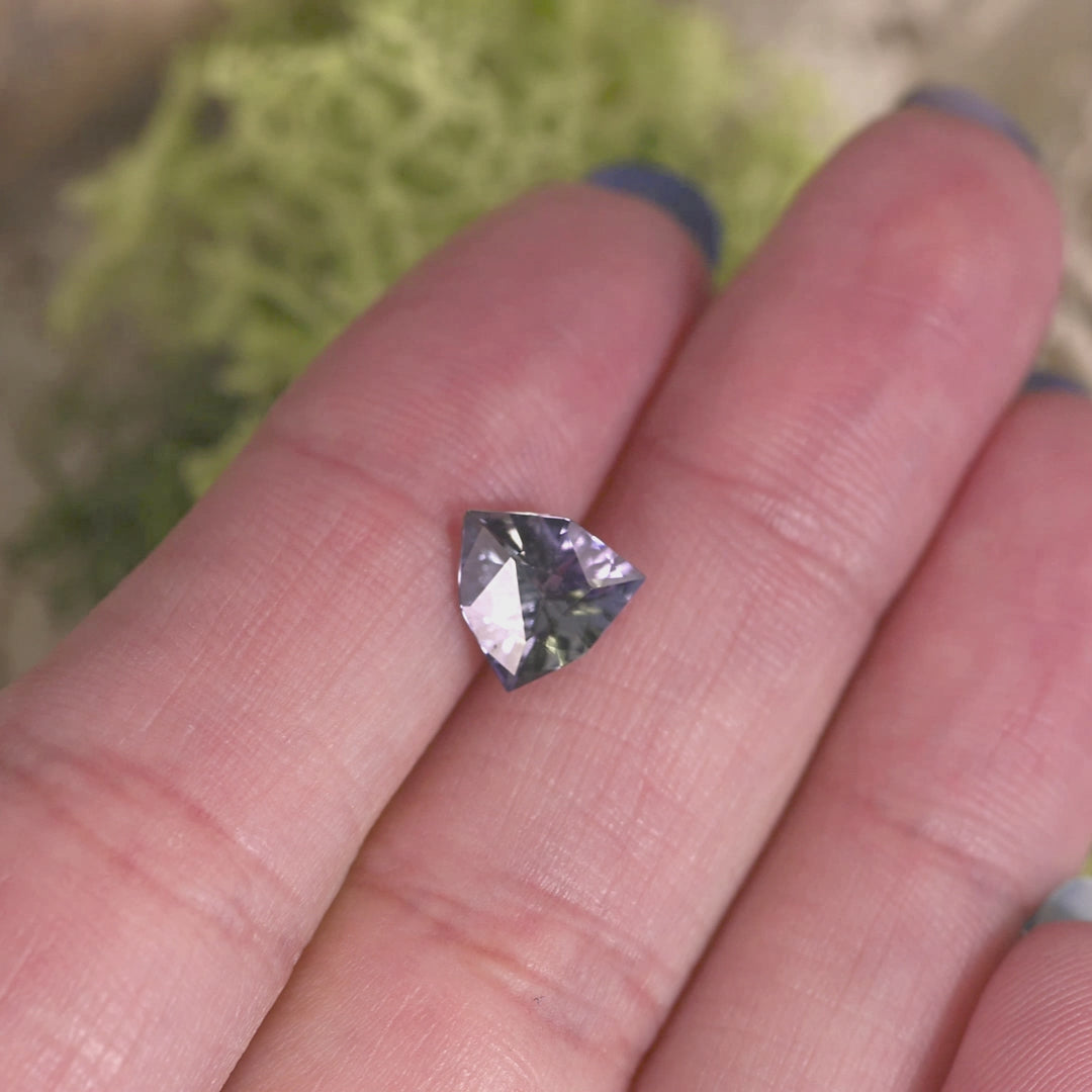 Close-up video of 1.66ct mermaid Tanzanite trillion resting on hand, precision cut gemstone from Tanzania displaying triangular symmetry, dynamic teal green purple color play and exceptional sparkle