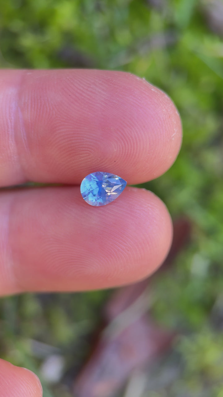 Loose 1.11 carat opalescent cornflower blue Nigerian sapphire turning in natural light, revealing subtle color shifts and sparkle in the brilliant pear cut.